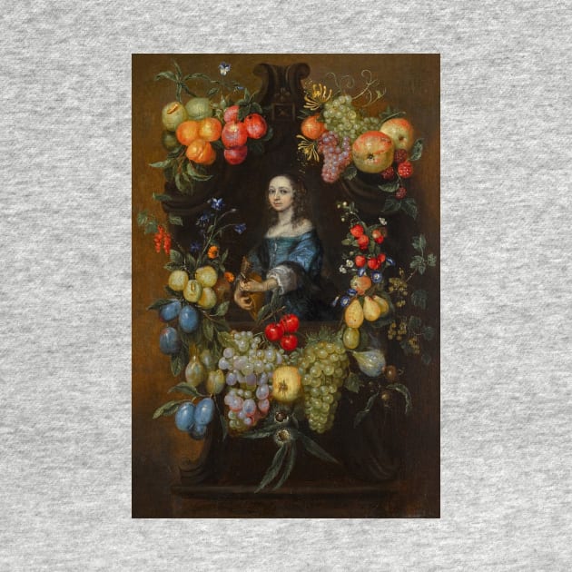 A Garland of Fruit and Flowers Surrounding a Portrait of a Lady in a Blue Dress, Holding a Guitar by Catarina Ykens-Floquet by Classic Art Stall